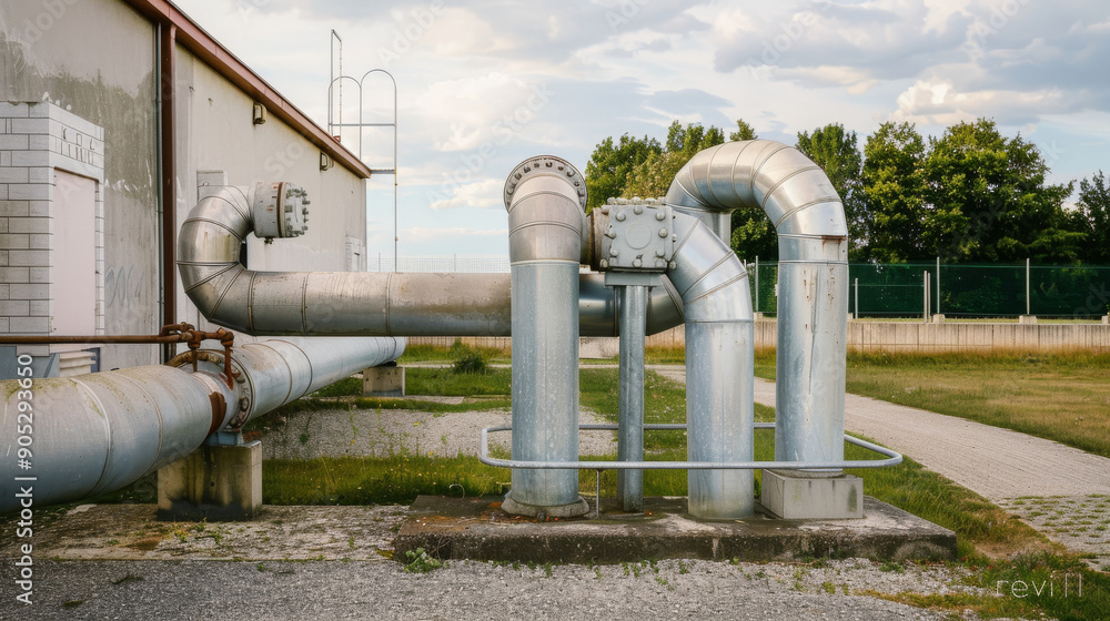 A network of large silver pipes and industrial machinery outside a factory, against a backdrop of greenery and a cloudy sky. A network of large silver pipes and industrial machinery outside a factory, against a backdrop of greenery and a cloudy sky.