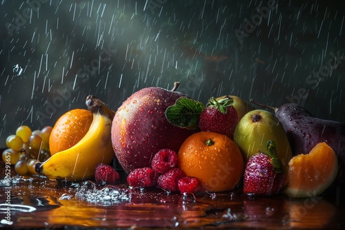 A dynamic composition of fruits including bananas, oranges, and grapes, highlighted with rain droplets to enhance freshness. photo