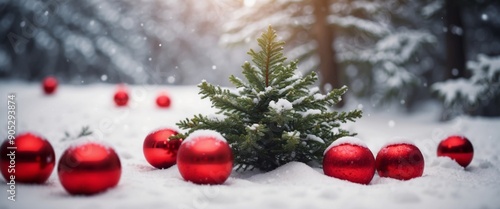 Beautiful Festive Christmas snowy background Christmas tree decorated with red balls and knitted toys in forest in snowdrifts in snowfall outdoors, banner format, copy space. photo