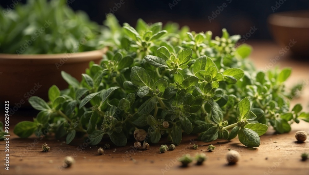 Aromatic Oregano Sprigs Star in Mediterranean Cooking Fresh Culinary Ingredient in Closeup. Aromatic Oregano Sprigs Star in Mediterranean Cooking Fresh Culinary Ingredient in Closeup.