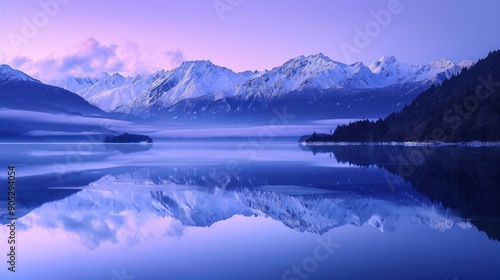 Serene Reflection of Snow-Capped Mountains in a Misty Lake
