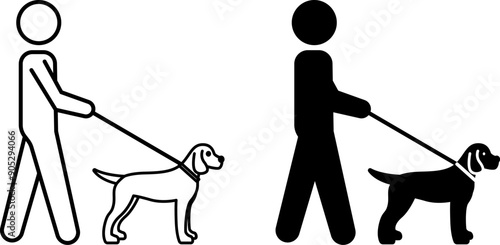 Dog Walk Icons. Black and White Vector Icons. Man Walking Animal on Leash. Pet Concept