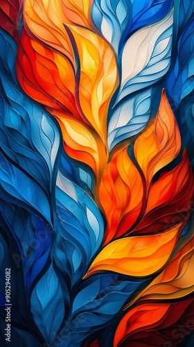 Wallpaper Mural An abstract painting with vibrant wavy lines in red, orange, and blue. Gradual color shift from warm to cool tones, conveying vitality and movement in organic shapes with subtle 3D effects. Torontodigital.ca
