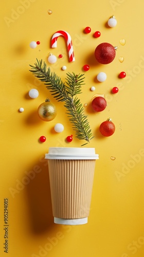 Festive Christmas coffee cup with decorations on yellow background photo