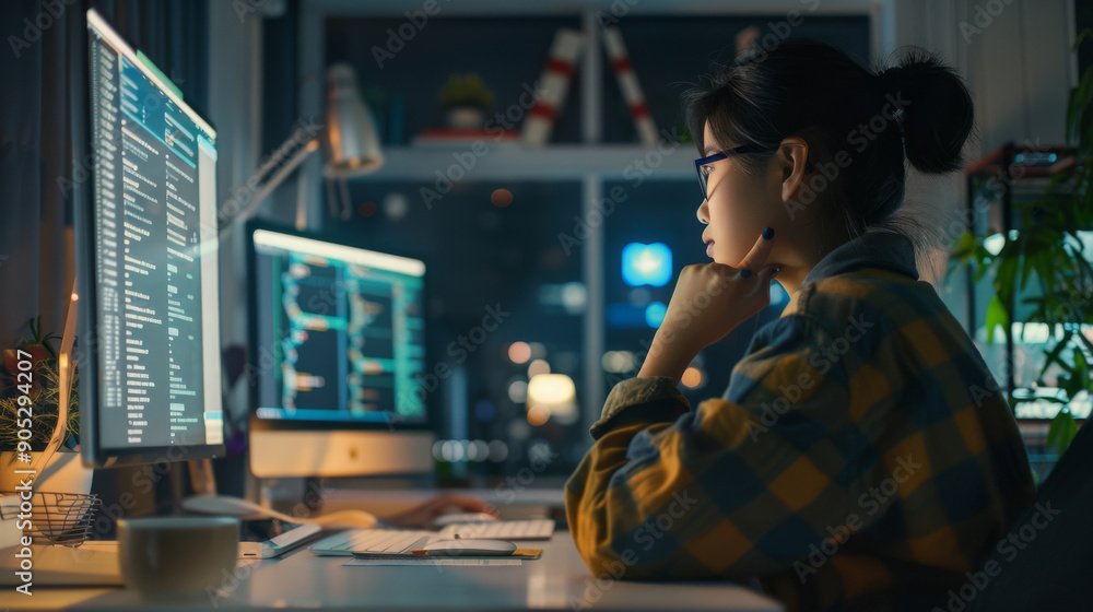 A person coding in a cozy, dimly lit room at night, surrounded by screens displaying complex code and focusing intently. A person coding in a cozy, dimly lit room at night, surrounded by screens displaying complex code and focusing intently.