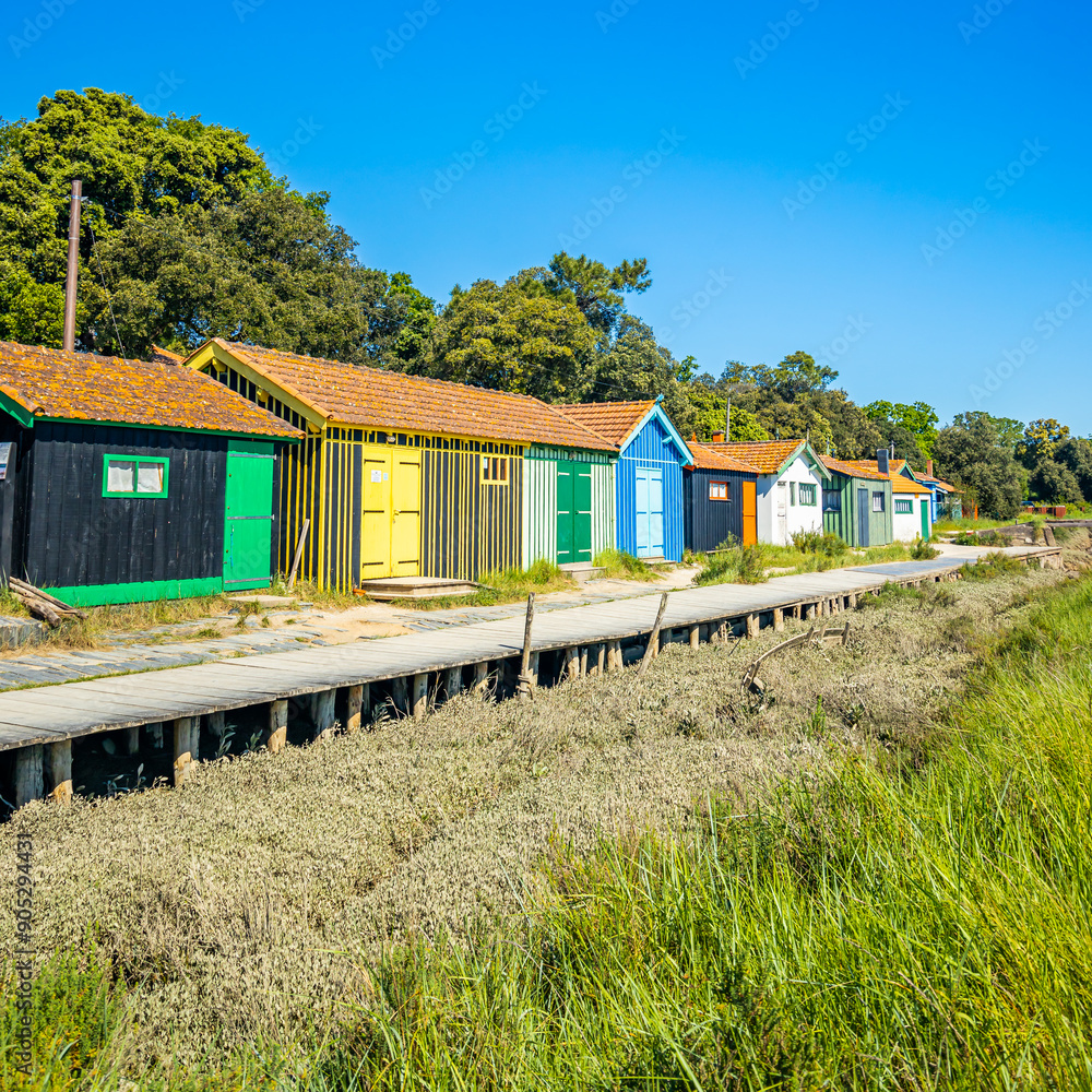 Naklejka premium Colored facades of oyster huts in Fort Royer on Oleron island, France