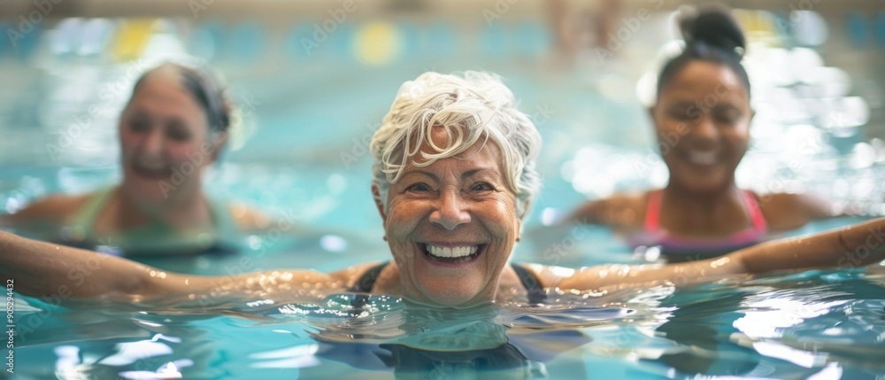 Fototapeta premium Image shows three women in an indoor pool, exercising happily. One woman with white hair in front, two with dark skin on her sides, smiling with outstretched arms in waist-deep water.
