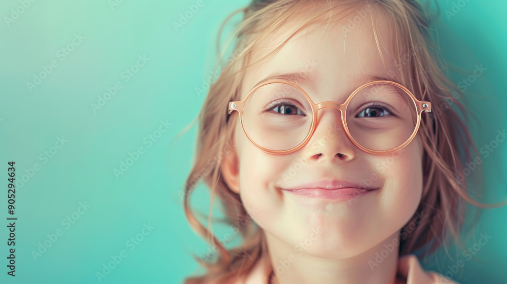 A joyful child with round glasses smiles warmly at the camera, set against a gentle blue-green background that enhances the cheerful mood. A joyful child with round glasses smiles warmly at the camera, set against a gentle blue-green background that enhances the cheerful mood.