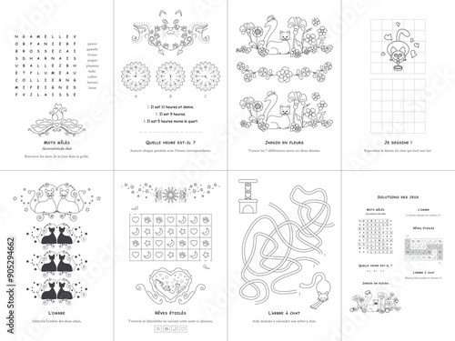 Set of seven games. Cats Theme. French language. Vector illustration. Set No. 2.