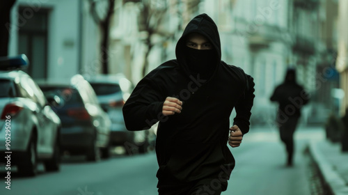 A masked man in a black hoodie runs intensely down a city street, creating a sense of urgency and thrill.