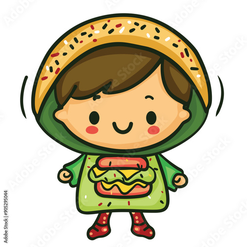 Cartoon child dressed taco, cheerful costume design, cute taco boy smiling. Adorable kid food outfit, creative children apparel, playful young character. Happy youngster wearing tasty Mexican food