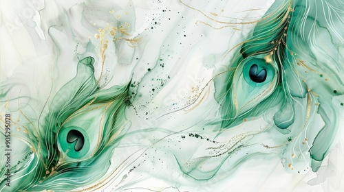 This stunning abstract artwork features captivating teal swirls interwoven with elegant golden accents