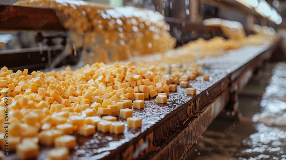 The continuous processing line where a large quantity of cheese cubes is being washed or treated reflects the efficiency and automation in the food industry manufacturing process. The continuous processing line where a large quantity of cheese cubes is being washed or treated reflects the efficiency and automation in the food industry manufacturing process.