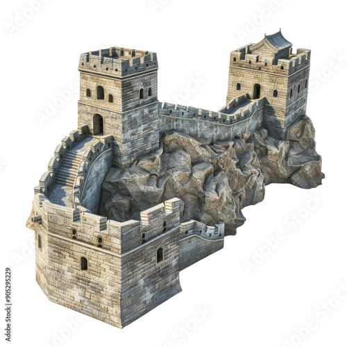 Canvas Print A detailed 3D model of the iconic Great Wall of China, showcasing its ancient architecture and historic significance on a rocky terrain