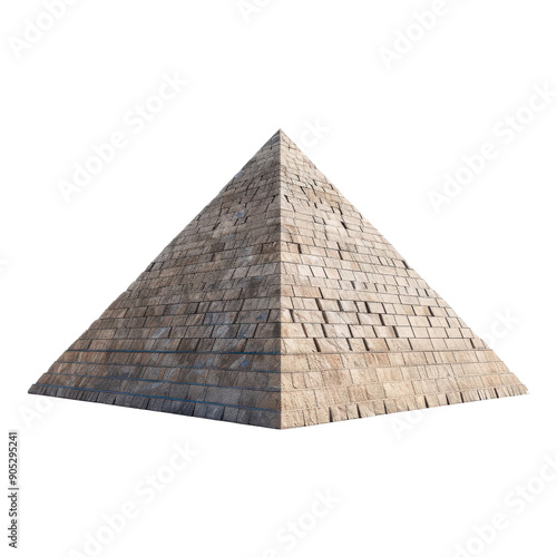 A detailed view of an ancient Egyptian pyramid made of large stone blocks, isolated on a white background.