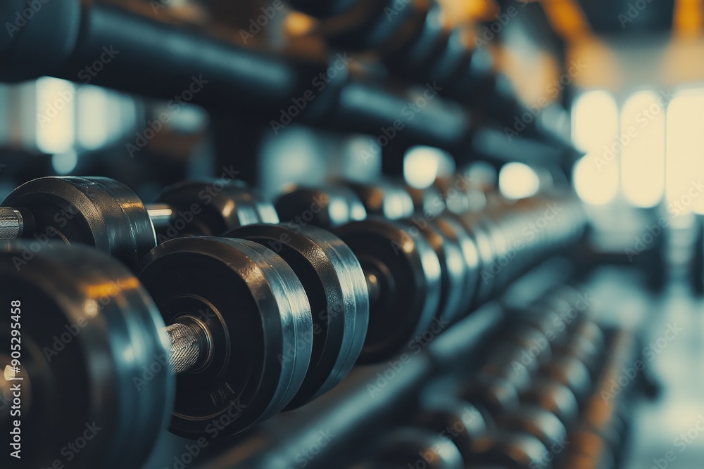 Close-up photo of dumbbells in gym, against a blurred background with heavy weights on the shelves. Close-up photo of dumbbells in gym, against a blurred background with heavy weights on the shelves.