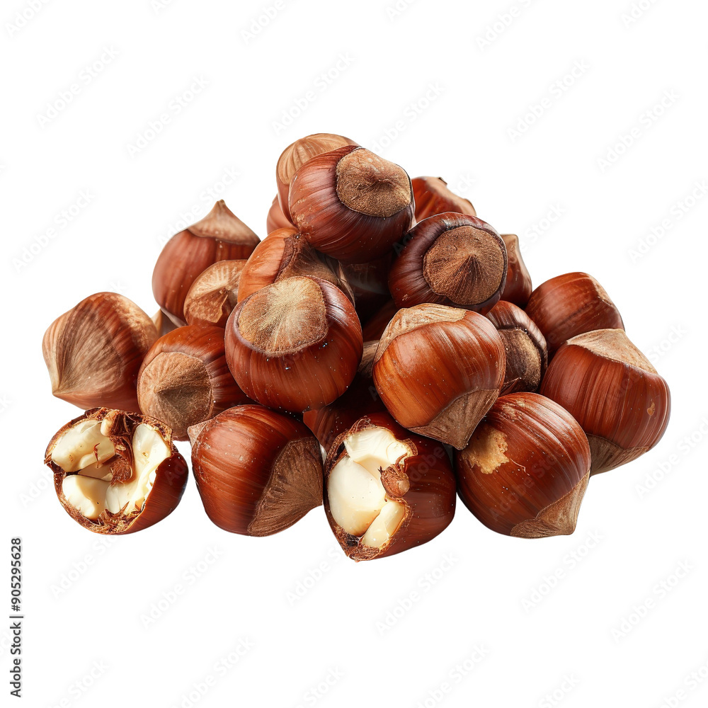 A pile of fresh, brown hazelnuts on a white background. Perfect for illustrating healthy snacks or a natural food concept. A pile of fresh, brown hazelnuts on a white background. Perfect for illustrating healthy snacks or a natural food concept.
