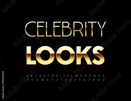 Vector modern emblem Celebrity Looks. Unique Gold Font. Trendy Luxury Alphabet Letters and Numbers set.