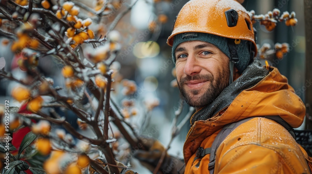 A man in an orange jacket and helmet, smiling while performing outdoor work in a snowy environment, focusing on a tree with yellow fruits. A man in an orange jacket and helmet, smiling while performing outdoor work in a snowy environment, focusing on a tree with yellow fruits.