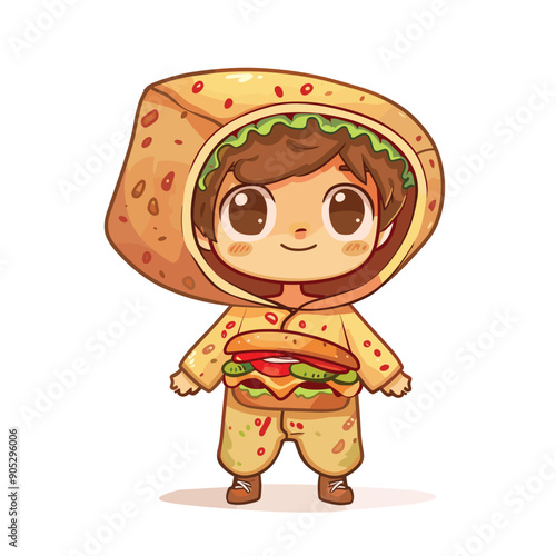 Child dressed taco, cute taco costume, smiling kid food outfit. Cartoon boy wearing taco suit, playful fast food disguise illustration. Young child happy savory Mexican cuisine attire isolated white