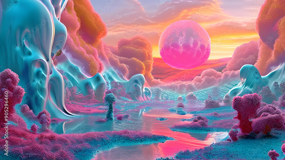 Obraz premium surrealistic landscape, elements liquefying taking on neon values