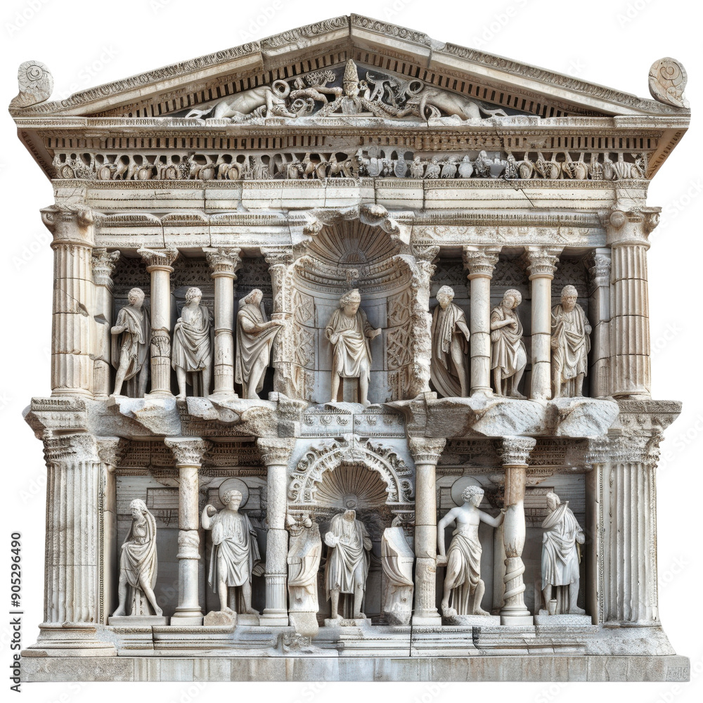 Ancient Roman architectural structure with ornate columns, arches, and statues, showcasing classical design and intricate stone carvings. Ancient Roman architectural structure with ornate columns, arches, and statues, showcasing classical design and intricate stone carvings.