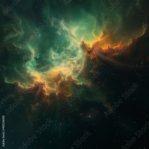 nebula galaxy deep space background with green and orange clouds