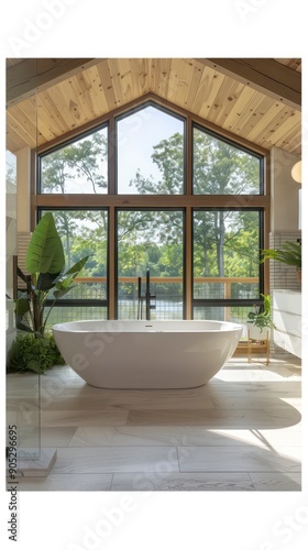 bathroom with modern bathtub, large windows wood texture and some plants