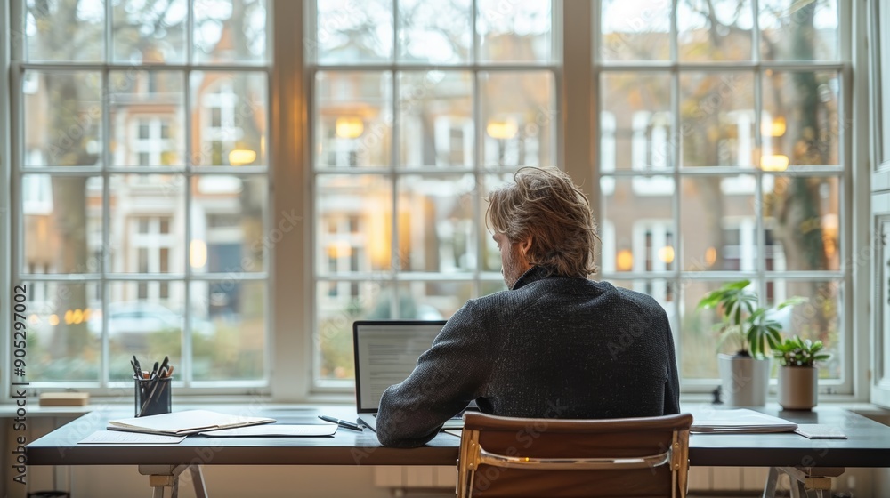 Individual Working at a Desk Facing a Large Window Overlooking a Neighborhood in the Afternoon. Generative AI Individual Working at a Desk Facing a Large Window Overlooking a Neighborhood in the Afternoon. Generative AI