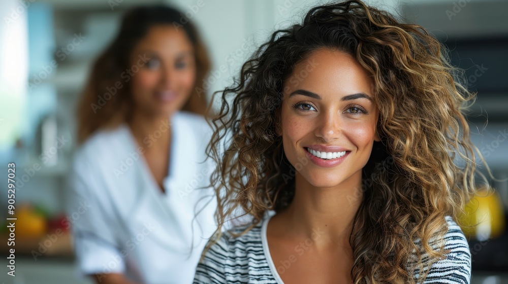 A young woman with beautiful curly hair smiles warmly at the camera while standing in a cozy kitchen, with another woman blurred in the background adding depth to the scene. A young woman with beautiful curly hair smiles warmly at the camera while standing in a cozy kitchen, with another woman blurred in the background adding depth to the scene.