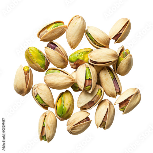 Close-up of fresh, tasty pistachio nuts in shells, isolated on a white background. Perfect healthy snack or ingredient for recipes. photo