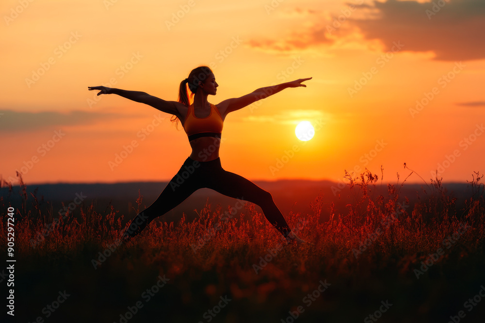 Silhouette of young woman practicing yoga on the beach at sunset. Virabhadrasana pose Silhouette of young woman practicing yoga on the beach at sunset. Virabhadrasana pose