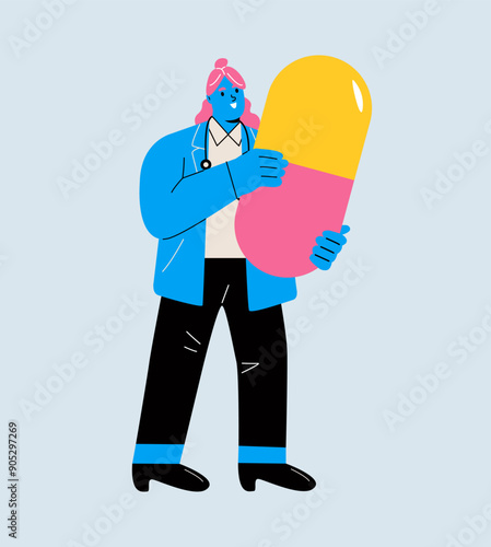Female doctor hold a big pill. Colored flat vector illustration