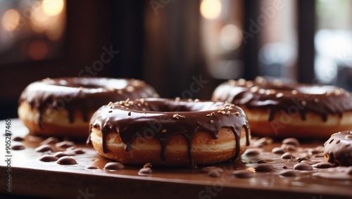 Chocolate Donuts with Glazing Adorn a Trendy Caf Bathed in Natural Light. photo