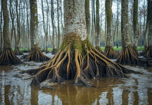 Trees with exposed roots growing in a swampy area, their gnarled trunks rising from the murky water