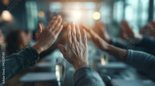 This energetic image showcases a team high-fiving in a bright and modern meeting room, symbolizing success, teamwork, and camaraderie, ideal for business and motivation themes.