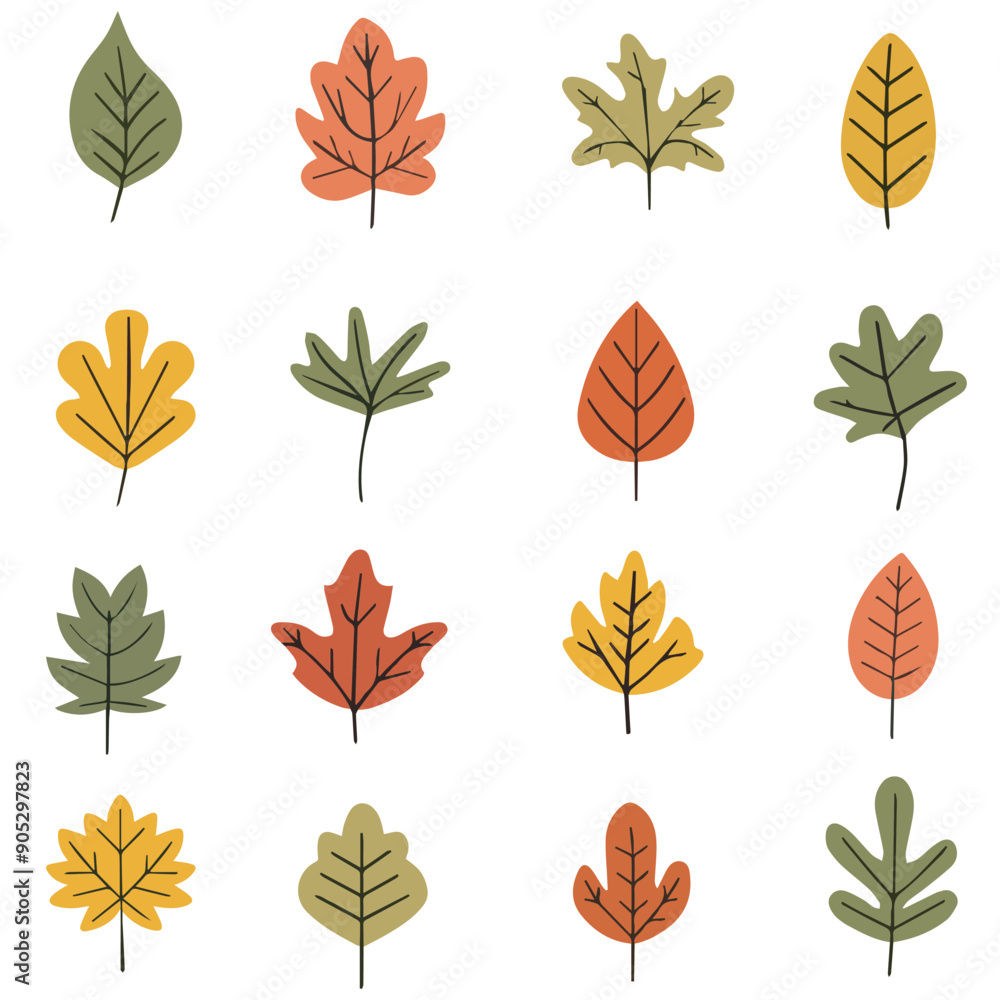 Fototapeta premium Hand drawn vector set of autumn leaves. Colored fashion illustration. Autumn stickers. Flat design.