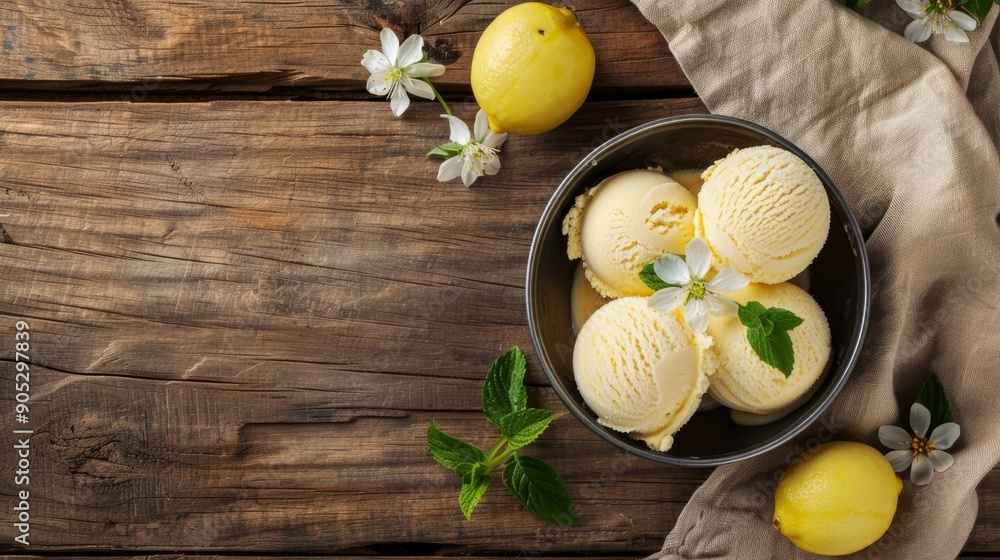 Photo of ice cream with lemons on a wooden table with space for writing. Photo of ice cream with lemons on a wooden table with space for writing.