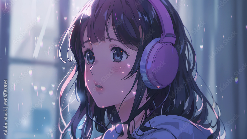 Anime girl finds solace in music as raindrops stream down a windowpane, her headphones a portal to another world Anime girl finds solace in music as raindrops stream down a windowpane, her headphones a portal to another world