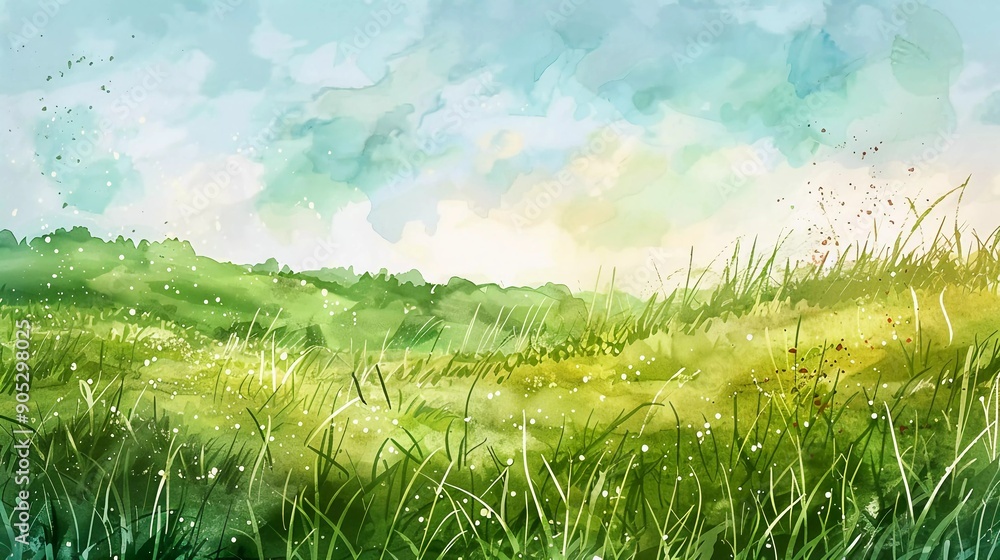 Fototapeta premium watercolor hand drawn green fields with plants and grass landscape illustration design