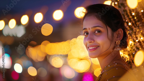 A portrait of a happy Indian woman in a beautiful Saree, standing in front of some shimmering Hindu celebration lights in the background.