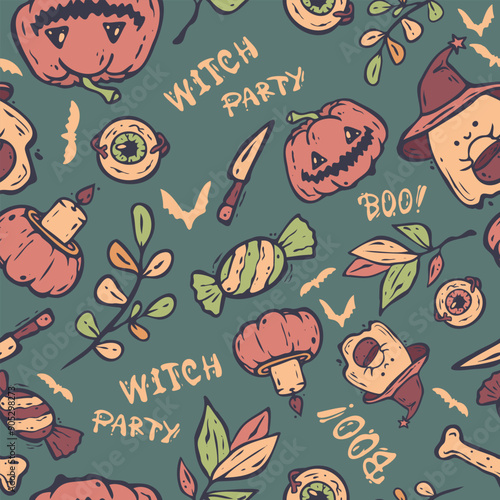 Pattern. Graphic design element and illustration. Halloween holiday. Doodle cartoon style. Vector. Ghosts, candy, witches, skulls.
