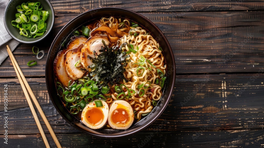 Japanese ramen soup in a beautiful bowl with egg and herbs. Delicious Japanese food. Copyspace. Japanese ramen soup in a beautiful bowl with egg and herbs. Delicious Japanese food. Copyspace.