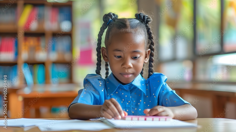 Visually Impaired Child Learning Braille Tactile Reading at Inclusive School Classroom