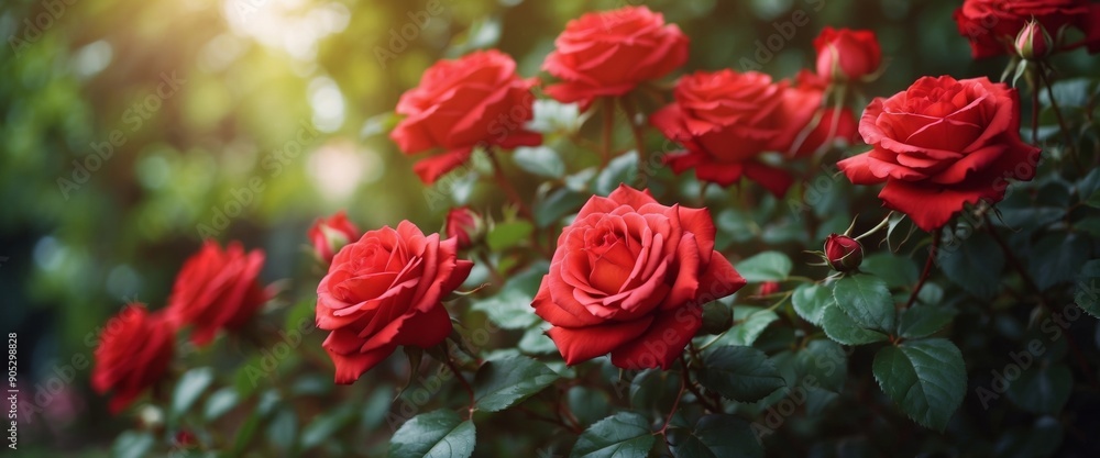 Beautiful floral natural background with red roses in garden an outdoor with beautiful bokeh and free space for text. Beautiful floral natural background with red roses in garden an outdoor with beautiful bokeh and free space for text.