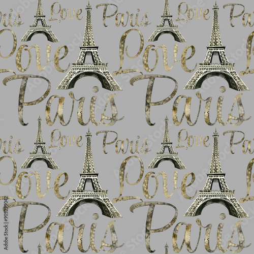 Seamless pattern of Watercolor hand drawn Eiffel Tower on grey background. Paris France. Lettering message. Print t-shirts, bags, cards, banner, poster, Lifestyle, Travel Tour Eiffel handwritten #905299042