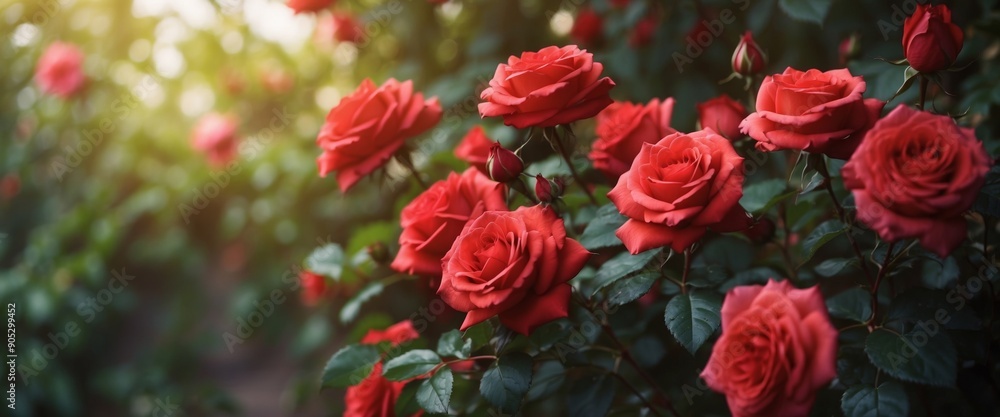 Obraz premium Beautiful floral natural background with red roses in garden an outdoor with beautiful bokeh and free space for text.