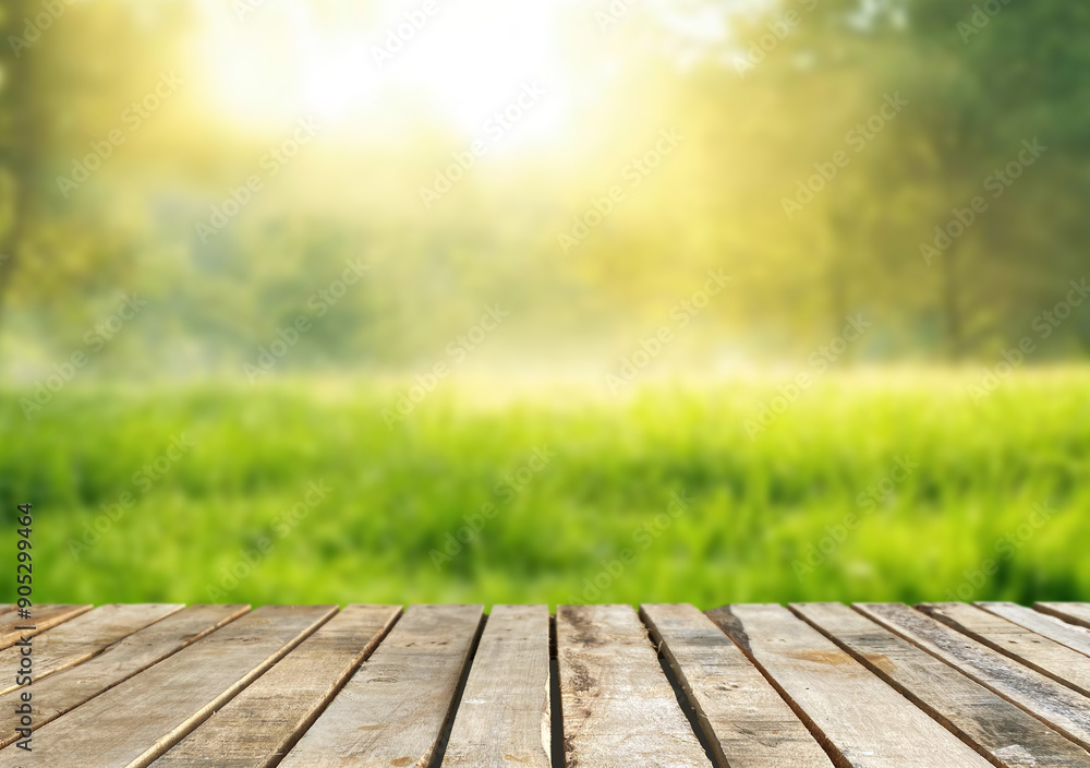 Wooden table top on blur grass field.Fresh and Relax concept.For montage product display or design key visual layout.View of copy space. Wooden table top on blur grass field.Fresh and Relax concept.For montage product display or design key visual layout.View of copy space.