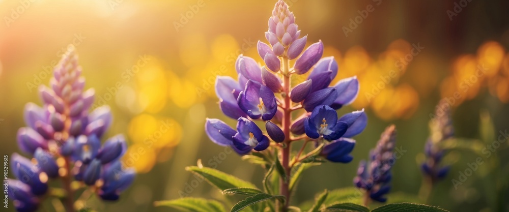 Obraz premium Beautiful lupine flower on a golden background morning sunrise macro Colorful bright artistic image with a soft focus.