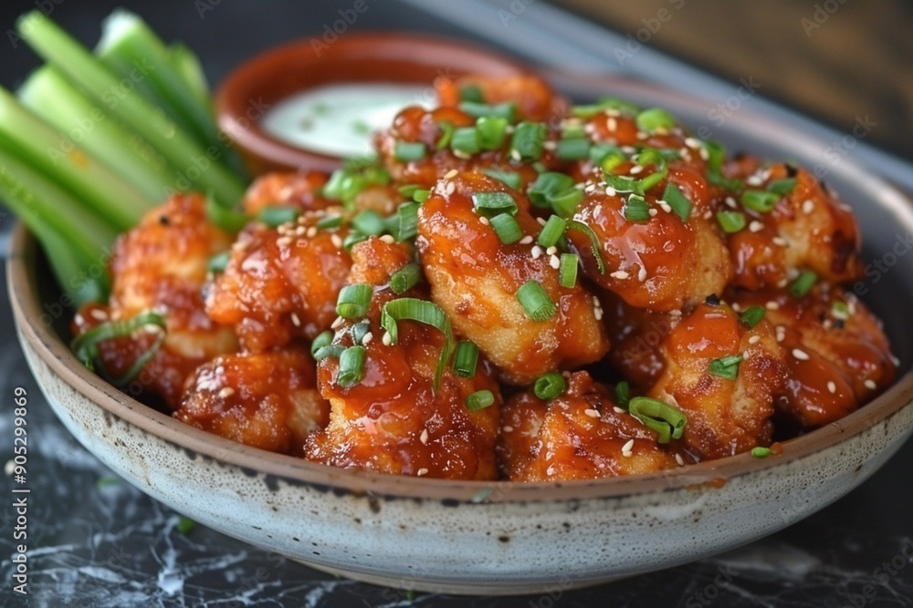 Boneless chicken wings dipped in buffalo and BBQ sauce Boneless chicken wings dipped in buffalo and BBQ sauce
